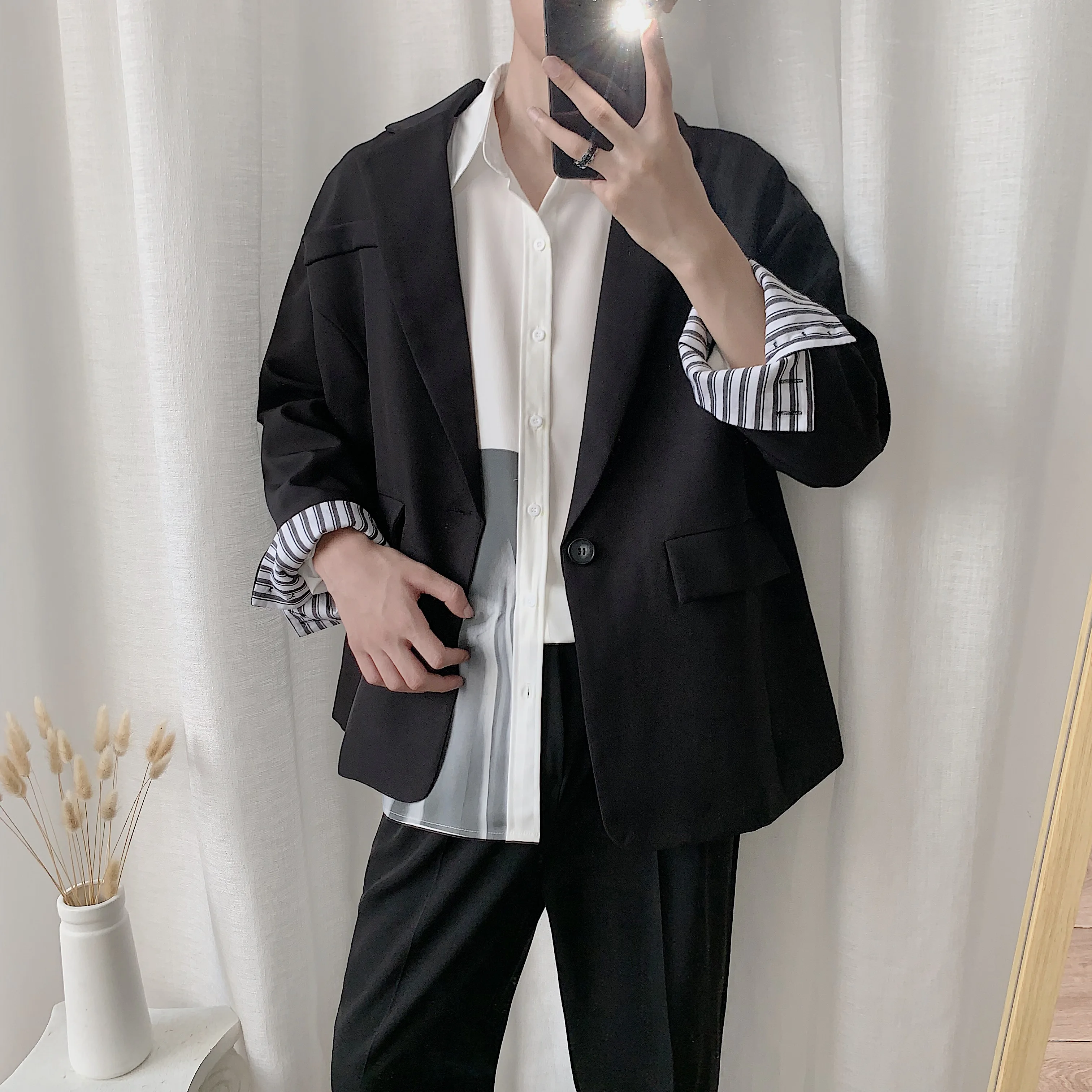 2019 корейский новый мужской блейзер и пиджак черный негабаритный повседневный