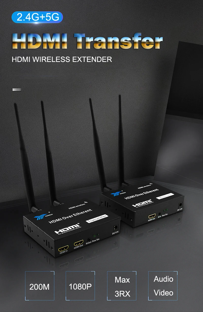 200М Беспроводной HDMI-совместимый передатчик с двумя антеннами Full HD 1080p, поддержка петли для передачи на телевизор с поддержкой ИК-пульта One Many.