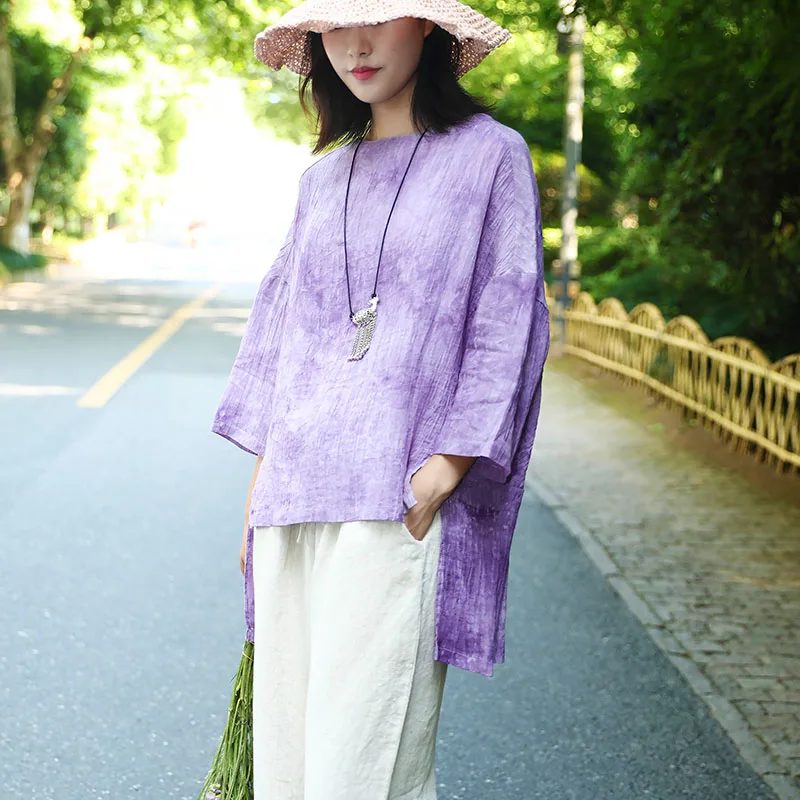 

SCUWLINEN 2020 Women Tops Vintage O-neck Tie-dye Plus Size Loose Three Quarter Batwing-sleeve Ramie Top P099