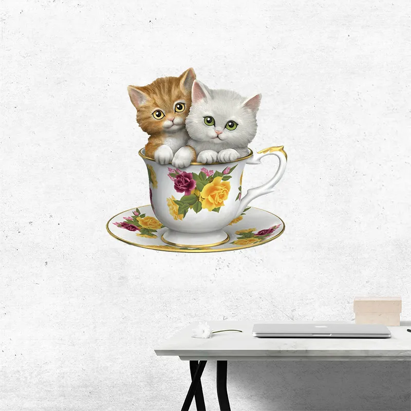 

Hot Cute 3D Kitten Cat Tea Cup Sticker Decal for Car Bike House Wall Living Room Kid's Room Laptop Decor Helmet Decal PVC