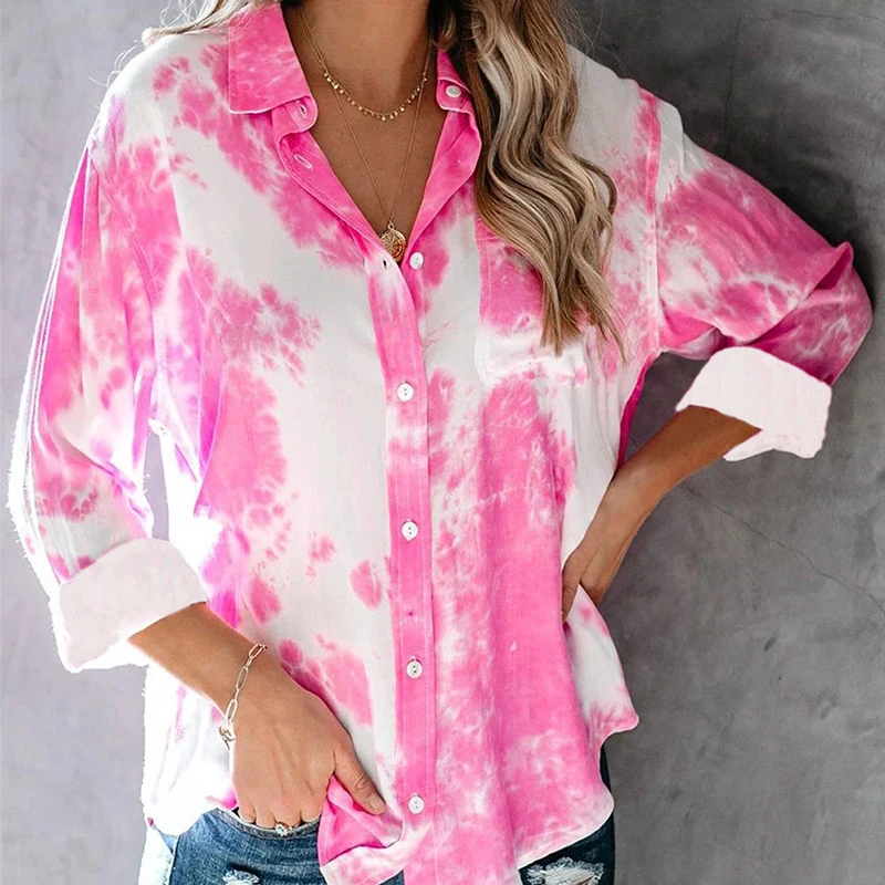 

FAKUNTN Shirts For Women Print Casual Long Female Plus Size Long Sleeve Casual Top Shorts Tie Dye 2021 New Fashion Women Blouses