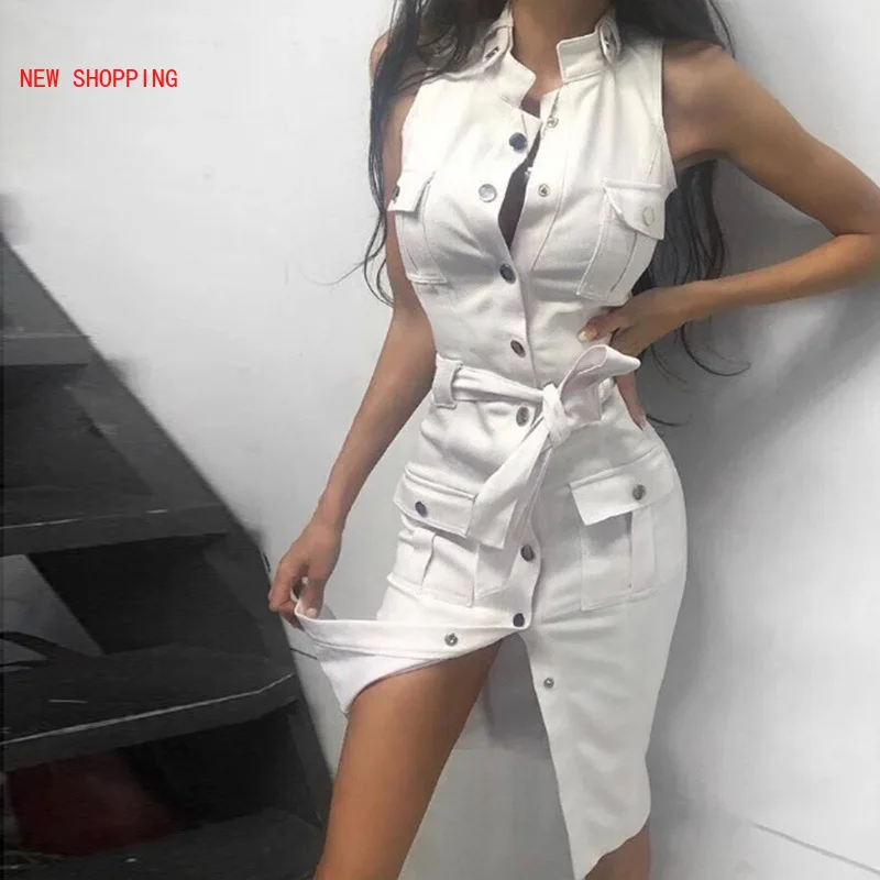 

2021 New Slim Fit Party Dress Sexy Sleeveless Sheath Split Vintage Button Streetwear Casual Pocket Knee Length Dresses Bandage