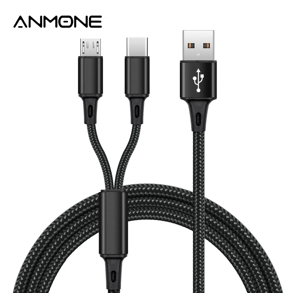 Кабель ANMONE 2 в 1 Micro USB Type C портативный кабель с двойной зарядкой для телефонов