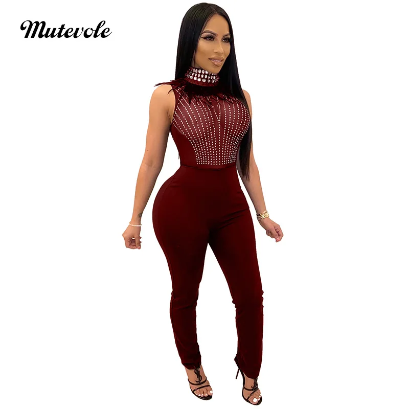 Mutevole женский сексуальный сетчатый лоскутный комбинезон с бисером без рукавов