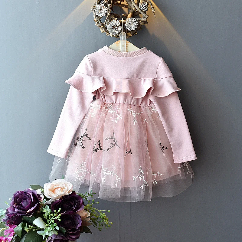 

3-8 Year New 2021Spring Princess Dress Children's Temperament Cute Stitching Long-sleeved Pink Lace Mesh Kids Girls Dress