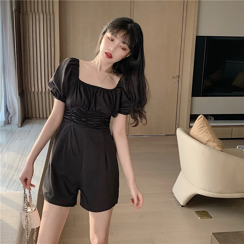

Summer Office Lady High-Waist Pleated Wide-Leg Shorts Women's Clothing Puff Sleeve Waist Slash Neck Casual Solid Color Jumpsuit