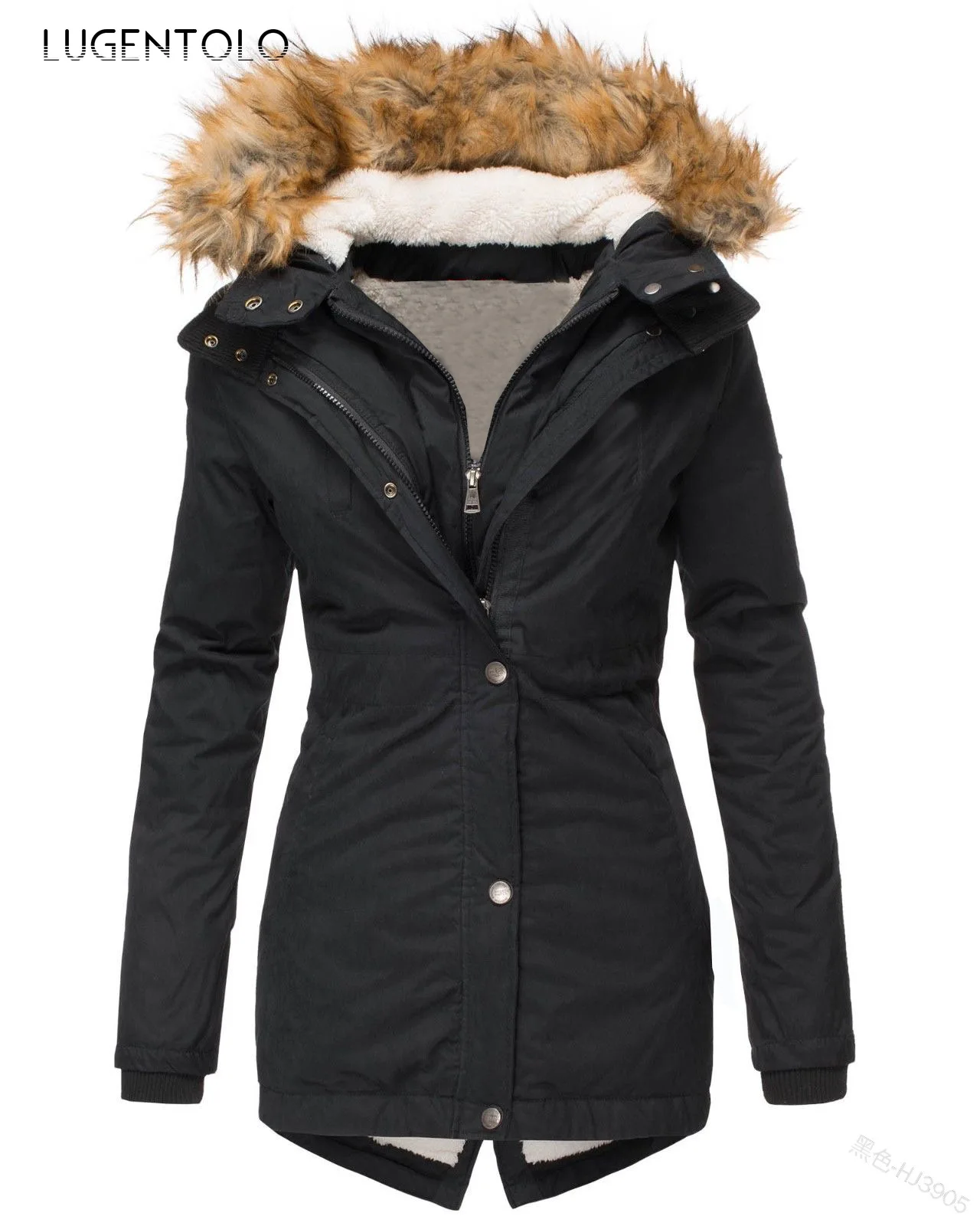 

Women Parka Winter Coat Casual Hoodie Female Fur Collar Long Sleeve Slim Coats Solid Color Jacket Warm Parkas 5XL Lugentolo