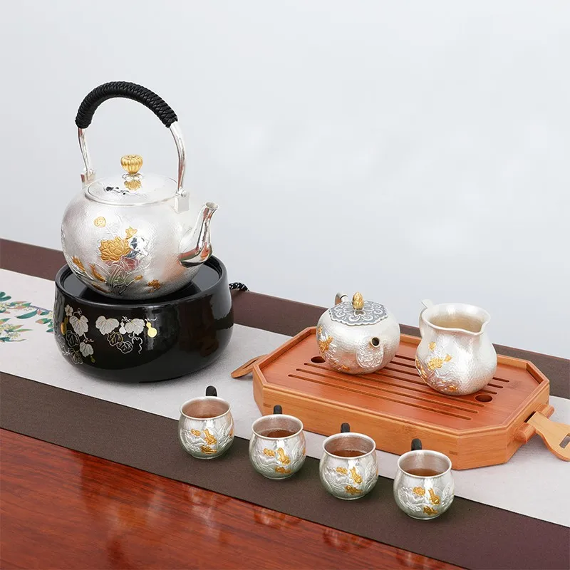Juego de t&eacute; hecho a mano de plata de ley 999, tetera japonesa retro, tetera para el hogar, oficina, ceremonia del t&eacute;, Kungfu, 1300ml-2