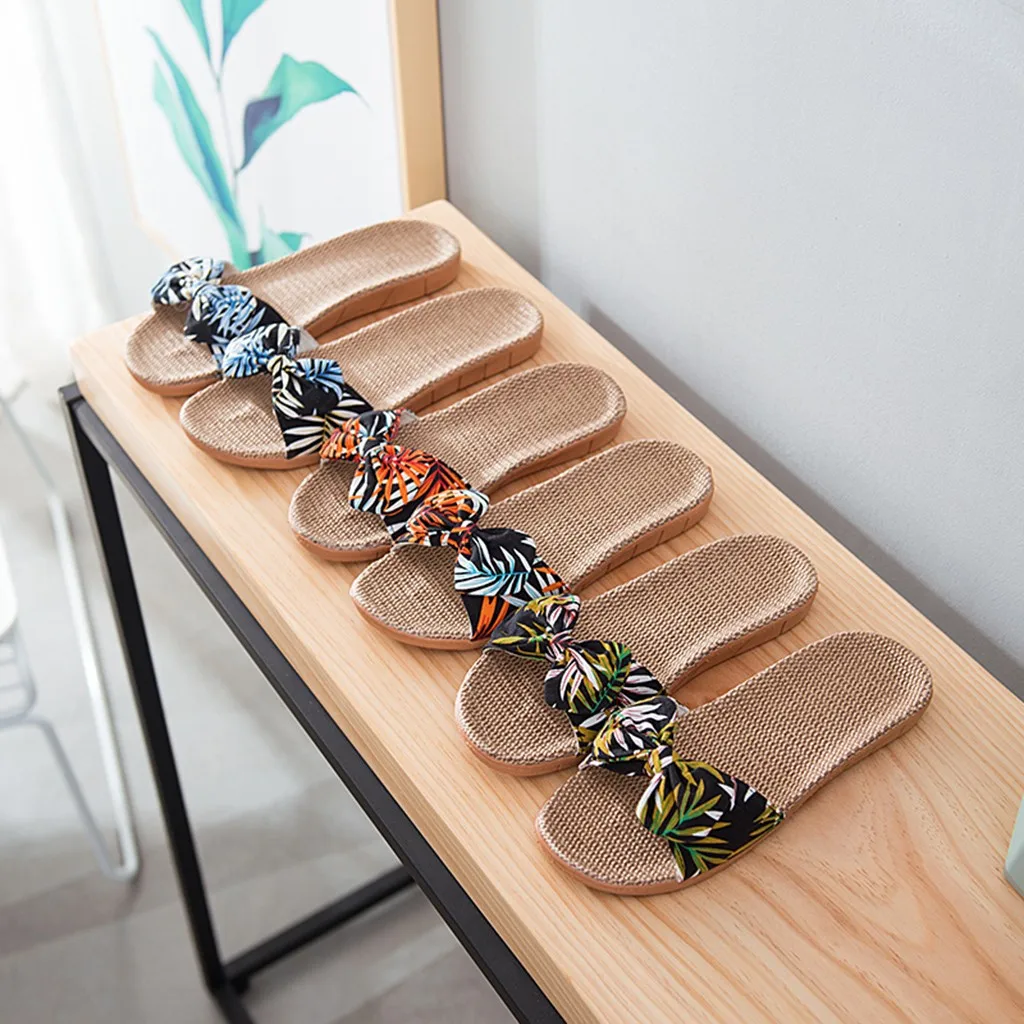 Домашние женские летние льняные шлепанцы с цветочным рисунком пляжные сандалии