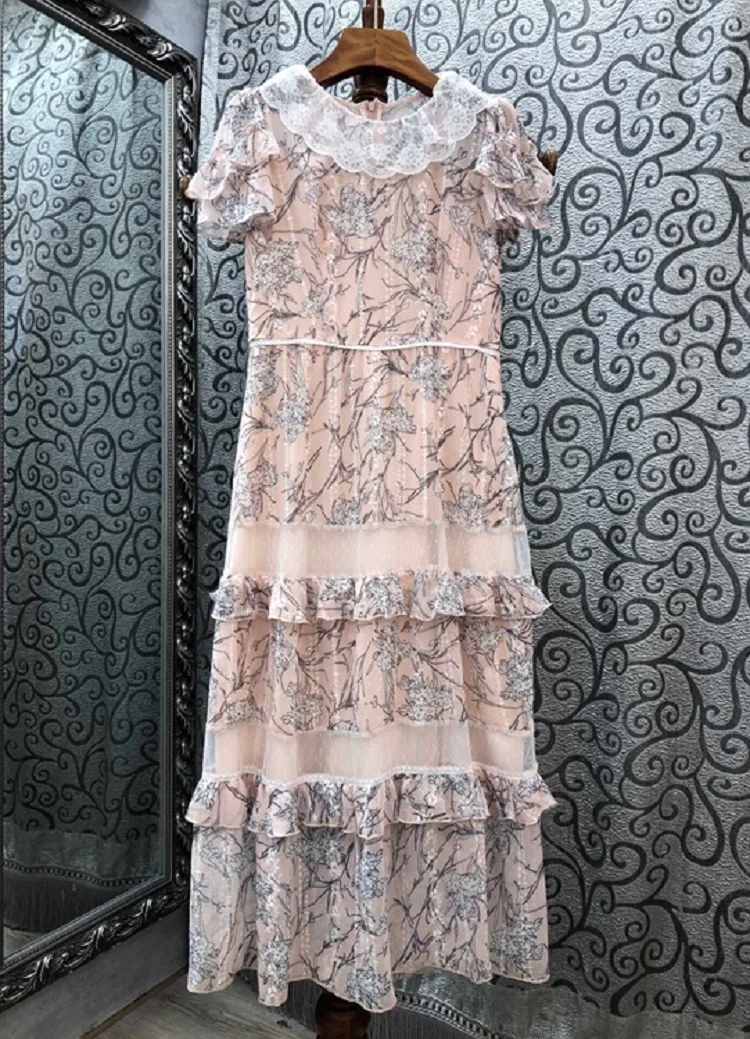 

2021 Summer New Fashion Runway Dress Women Vintage Floral Print White Lace Patchwork Short Sleeve Mid-Calf Blue Apricot Dress