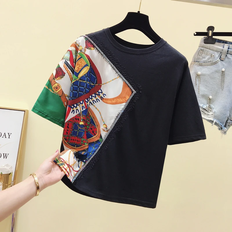 

2021 Summer Top Vintage Print Patchwork Loose T Shirt Women Short Sleeve Hot Drilling Tee Shirt Femme Fashion White Black tshirt