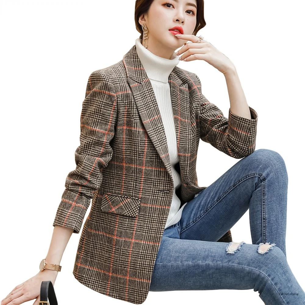 

High-quality Plaid Women Blazer with Pockets England Style Single Button Jacket Fashion Outwear Loose Coat Jackets for Women