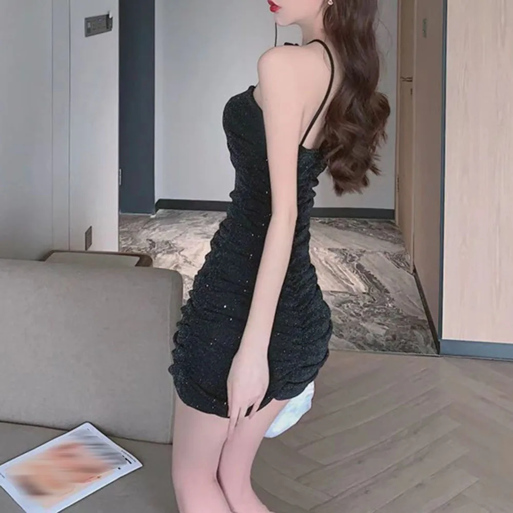 

Gothic Black Sequin Dress Mall Goth Sexy V Neck Backless High Waist Mini Dresses Girl Clubwear Party Ruched Summer Dress