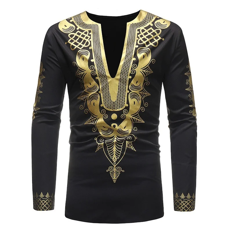 

African Dresses for Men Print Full Sleeve Shirt Bazin V-neck T-shirt Male Traditional Ethnic Tribe Style Tops Menswear
