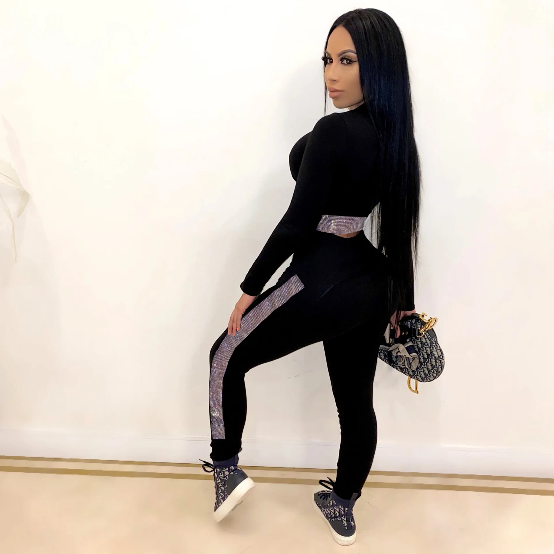 

Fall Rhinestone Patchwork 2 Piece Set Woman Long Sleeve O-Neck Crop Top And Pencil Pants Clubwear Clothes Outfits