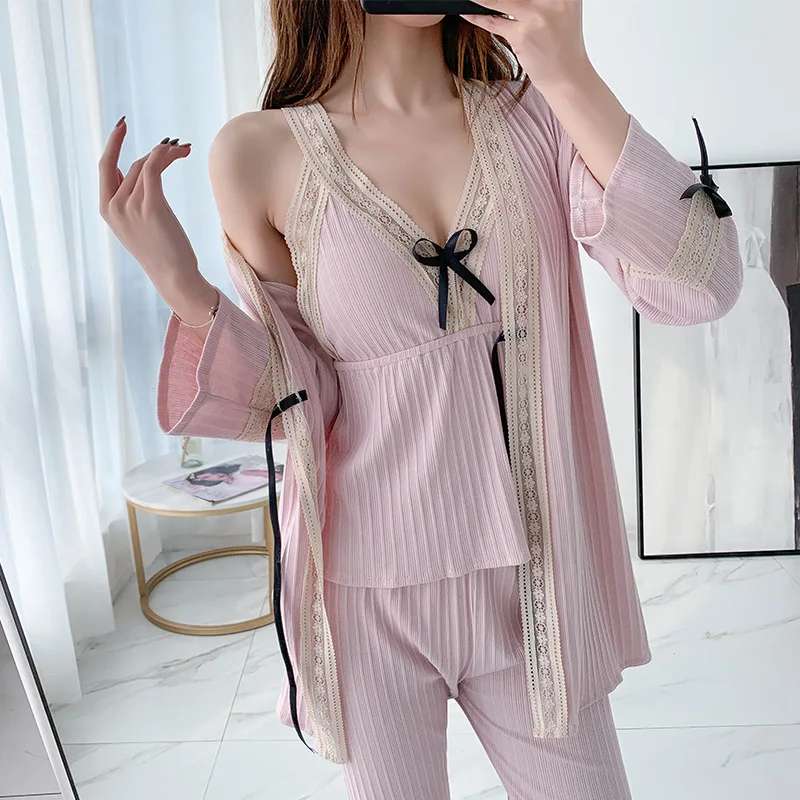 

Cotton Patchwork Sleepwear Spring Autumn New Sexy Nightwear 3PCS Pajamas Suit Female Lace Sleep Set Black Intimate Lingerie