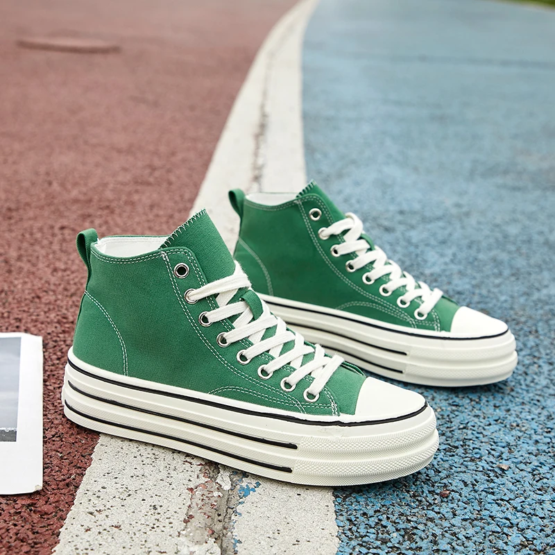 

2021 Fashion High Top Sneakers Women Sports Shoes Flat Platform Canvas Shoes Green Leopard Gingham Tennis Female basket femme