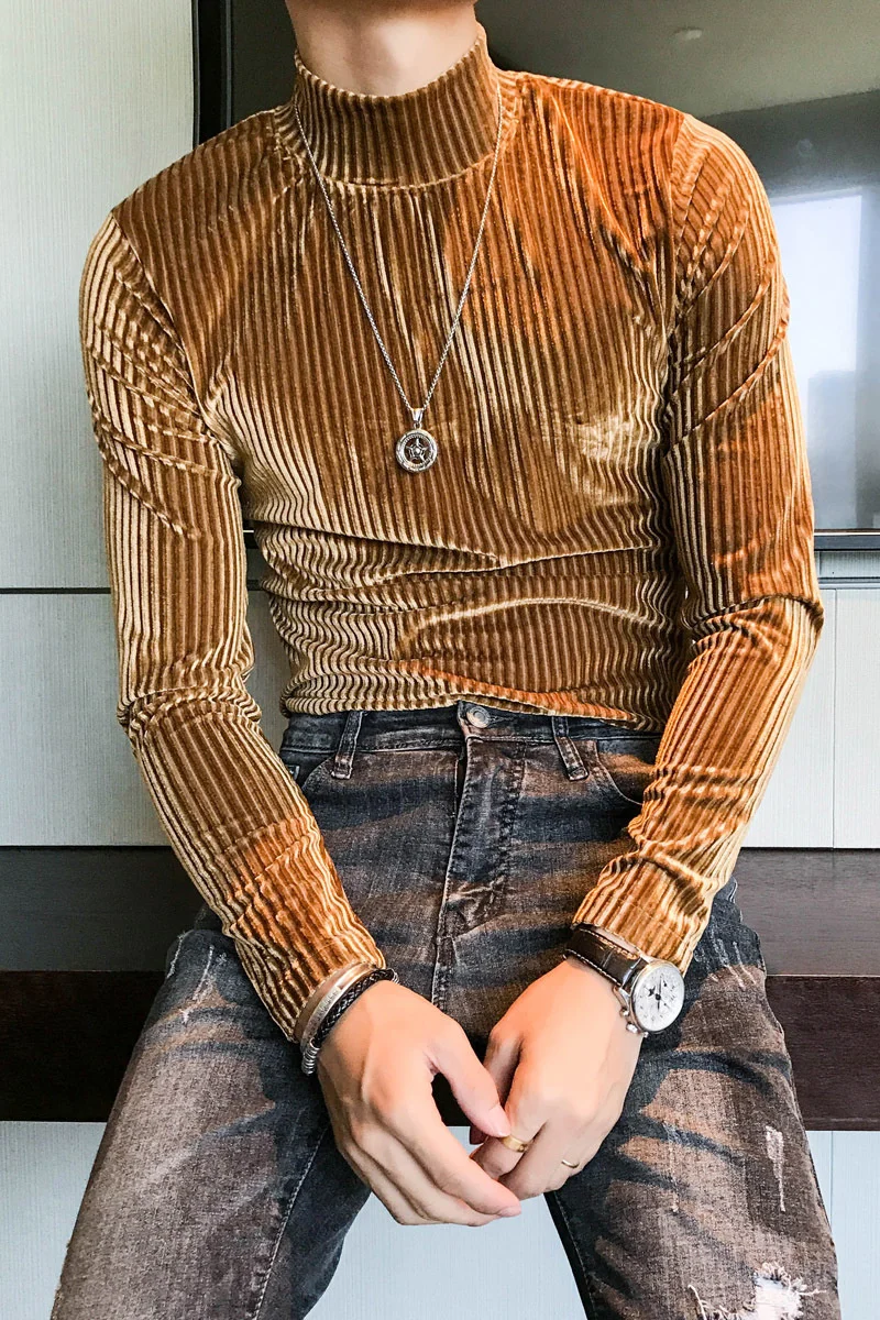 

Autumn Winter Royal Slim Men Tshirt Club Outfits Tshirt Homme High Neck T Shirt 4 Colors Velour Tshirt Men Long Sleeve Homewear