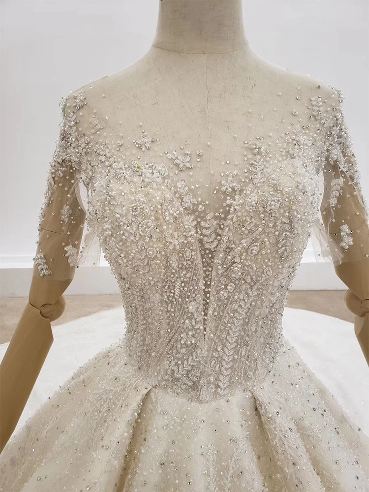 HTL1314 Train With Rhinestone Wedding Dress Bead Applique Top Ball Wedding Gowns Faek Deep V Boho Свадебное Платье