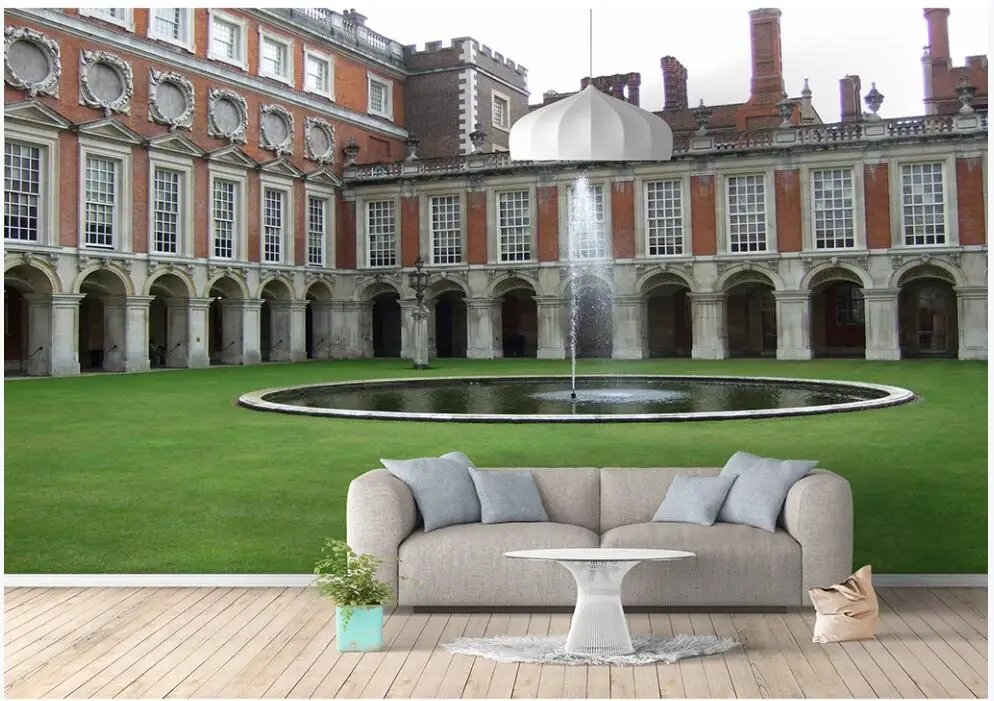 

Настенная бумага 3 d, Классическая архитектура, трава, фонтан, пейзаж, 3d настенная роспись на стену, фотообои в гостиной