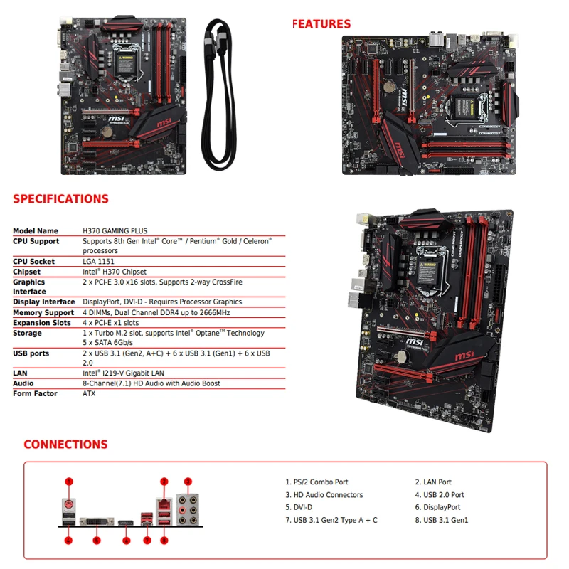 1151 Материнская плата Intel H370 для процессора G5400 MSI GAMING PLUS материнская DDR4 64 Гб PCI-E 3 0 M.2