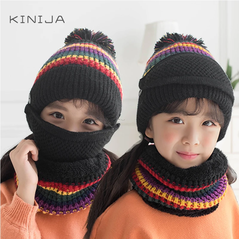 

Winter children Plush thicken knitted scarf hat mask three piece Beanies Russia kids cycling Coldproof keep warm wool Ball hat
