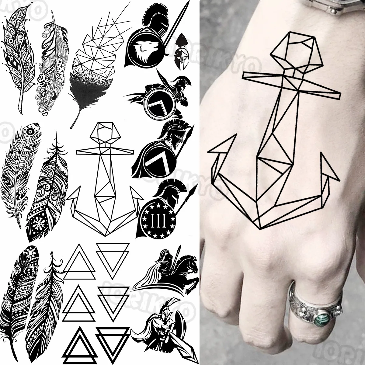 

Black Anchor Temporary Tattoos For Women Men Realistic Spartan Feather Tribal Fake Tattoo Sticker Waterproof Hand Arm Tatoos DIY