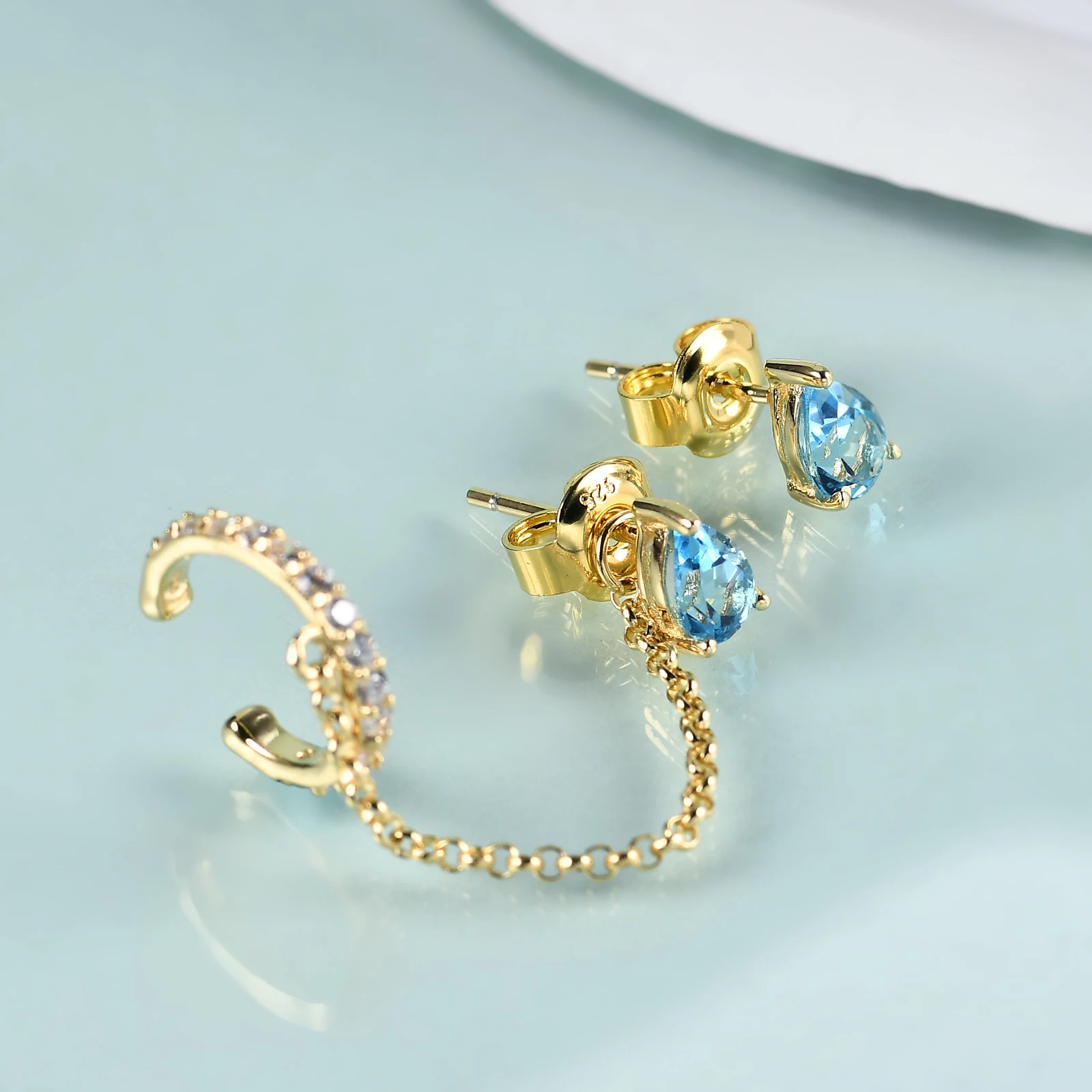 

GEM'S BEAUTY 14K Gold Filled Sterling Silver Gemstone Ear Cuff Minimalist Earrings Swiss Blue Topaz Long Chain Stud Earrings