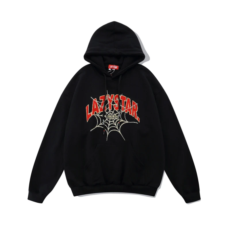 

2021 Rhinestone Spider Web Graphic Mens Oversized Hoodies Pullover Hip Hop Hooded Sweatshirts Gothic Clothes For Teens