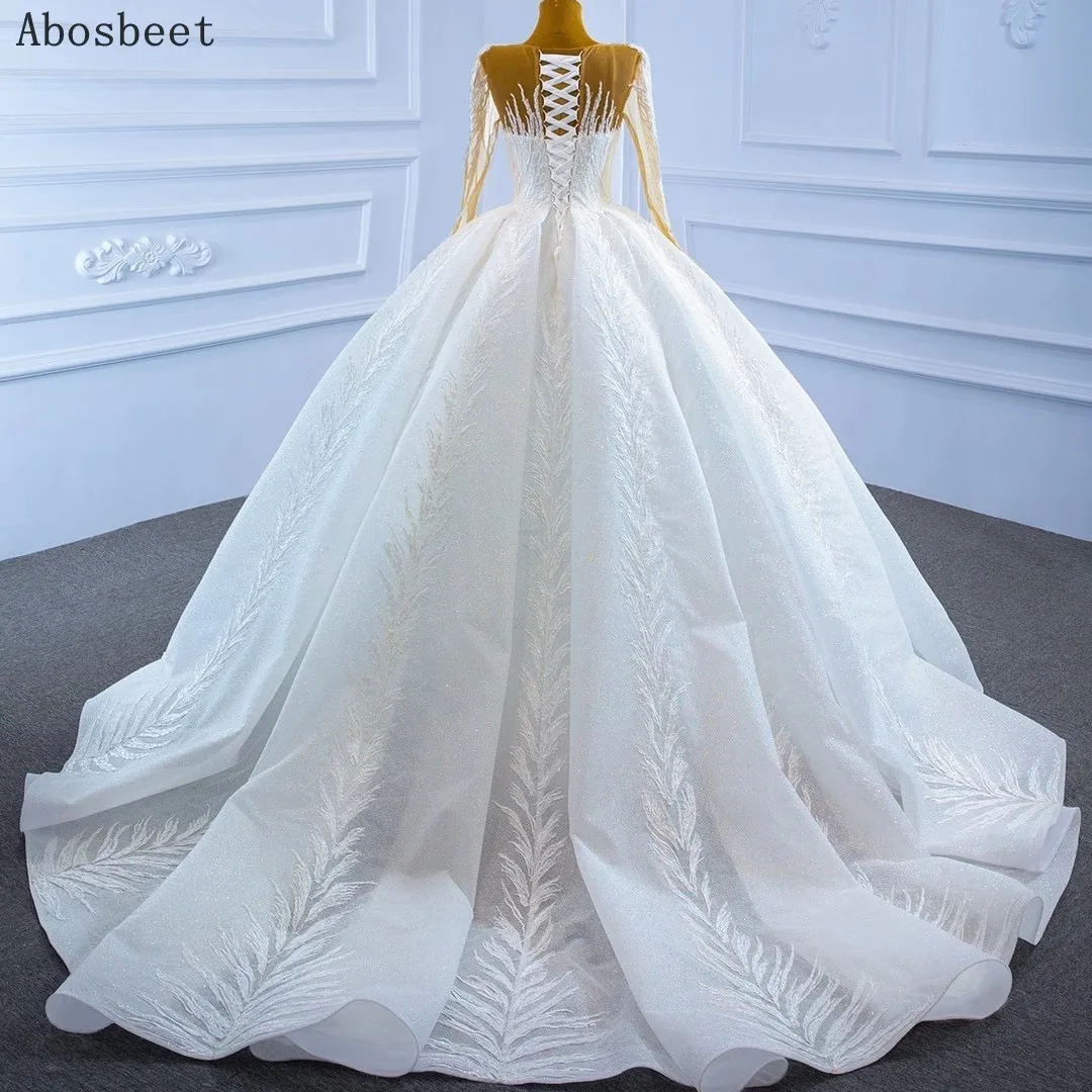 2021 Embroidery Lace Ball Gown Wedding Dress Long Sleeve White Elegant Wedding Gown Shining Sequins Long Train Lace Up Back