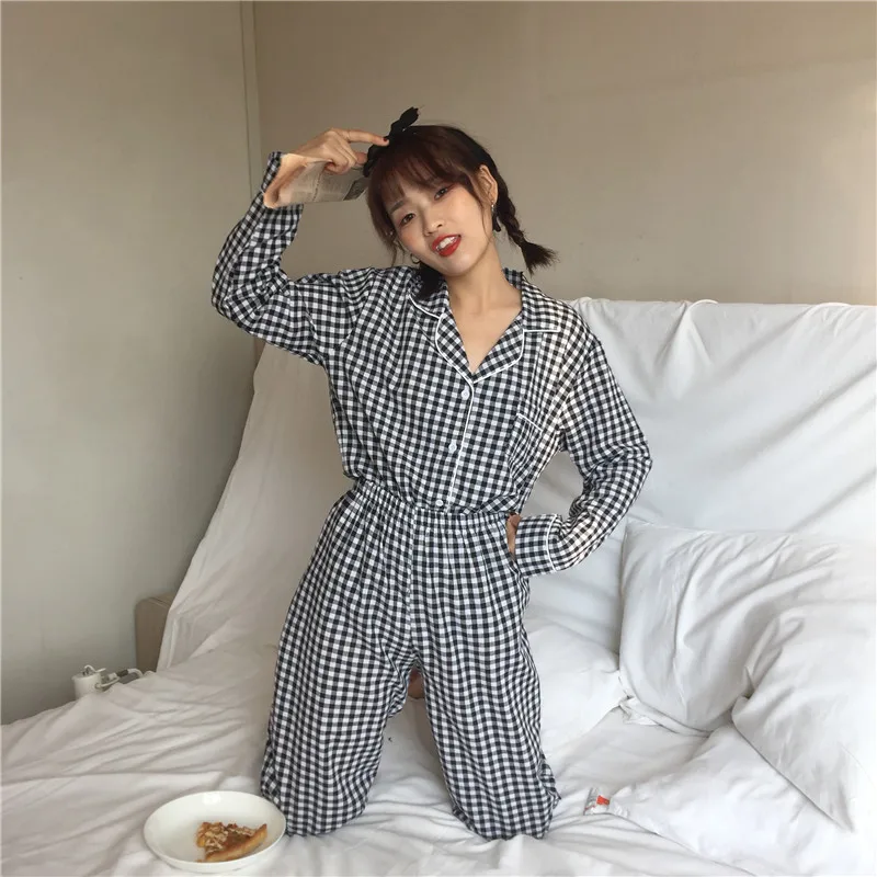 2019 Осенняя хлопковая клетчатая женская пижама топы с длинными рукавами + длинные