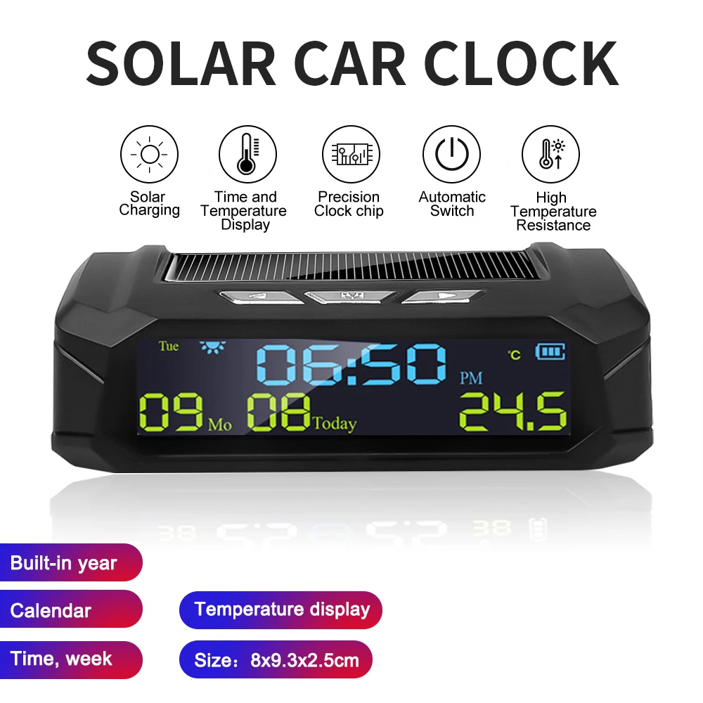 

Автомобильные часы с USB и солнечной зарядкой, умные цифровые часы, календарь, время, температура, светодиодный дисплей, автомобильные аксесс...