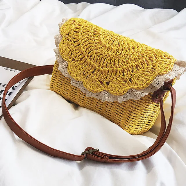 Yellow Винтажные женские кружевные соломенные сумки женские летние пляжные дорожные сумки тканые женские сумки через плечо модные сумки Bolsa BAG2005 - Цвет: Yellow