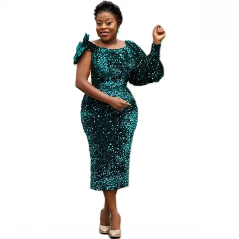 

African Clothes For Women Appliques One Sleeve O Neck Africa Clothing Fashion New Solid Elegant Party African Sequin Dress 2022