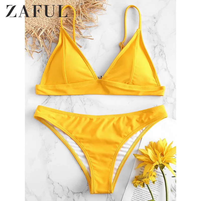 

ZAFUL Bikini Sexy V Neck Padded Bikini Set Women'S Swimsuit Spaghetti Straps Swimwear Solid Summer Beach Swimming Suit Biquni