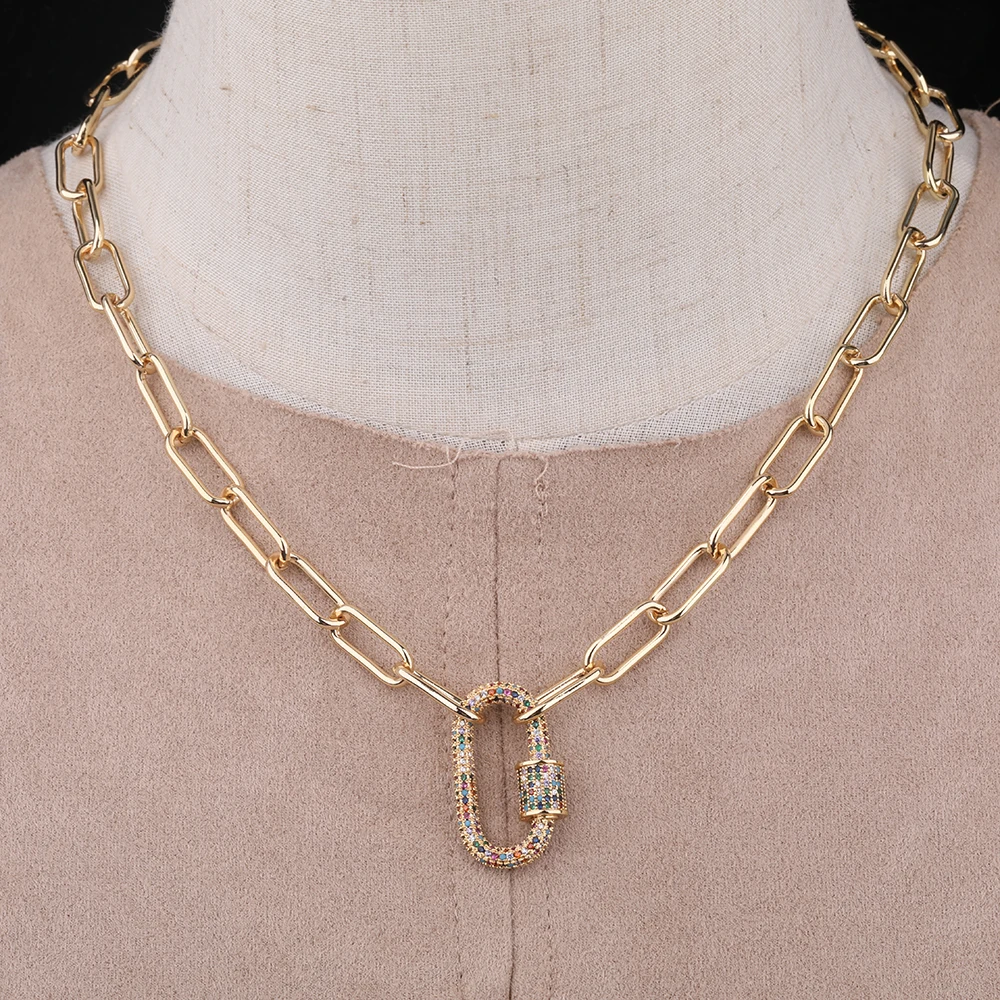 

3Pcs/Lot Rainbow CZ Mirco Paved Oval Screw Clasps Pendant Necklace Zirconia Metal Chains Necklace Hip Hop Jewelry Long 18 Inch