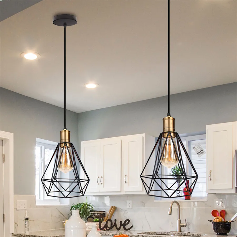 Lámpara colgante Vintage de hierro negro con forma de diamante, para techo, Loft, comedor, dormitorio, E27, accesorio de iluminación