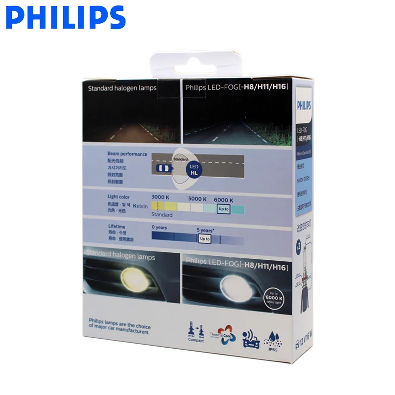 Philips светодиодный H8 H11 H16 Ultinon незаменимый светодиодный автомобильный противотуманный фонарь 6000K яркий белый светильник, оригинальные автомобильные лампы 11366UE X2, пара