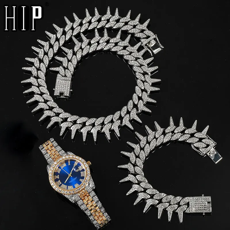 

Hip Hop 20MM 3PCS KIT Heavy Watch+Thorns Necklace+Bracelet Bling Crystal AAA+ Iced Out Cuban Rhinestones Chains For Men Jewelry