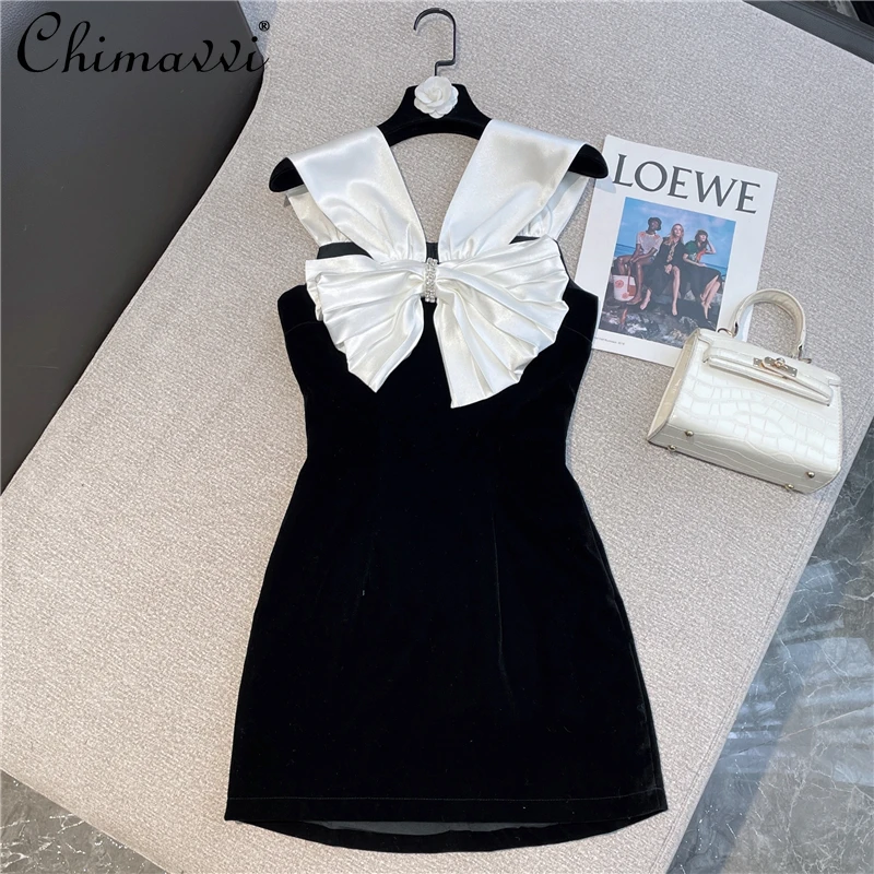 

2021 New Winter Clothes French Fashion Sweet Elegance Contrast Color Bow Short Dresses Women Sexy V-neck Slim Velvet Dress