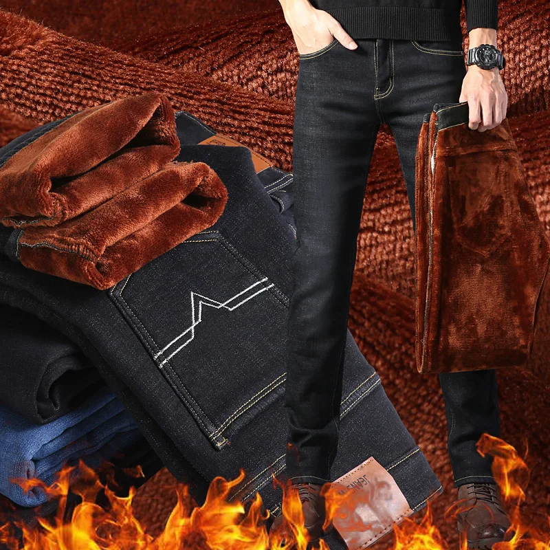 

Новые мужские теплые облегающие джинсы, деловые зимние облегающие прямые свободные утепленные джинсовые брюки, флисовые Стрейчевые брюки ...