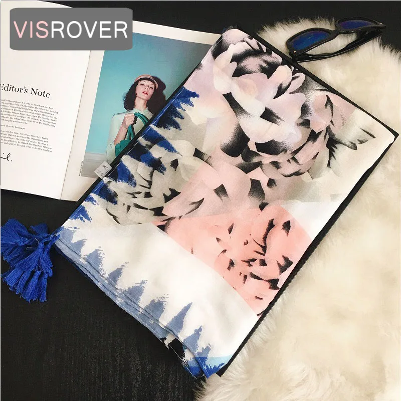 

VISROVER New Blue Flower Printing Viscose Autumn Women Scarf With Tassel Fashion Winter Pink Scarf Shawls Hijab Gift Wholesales