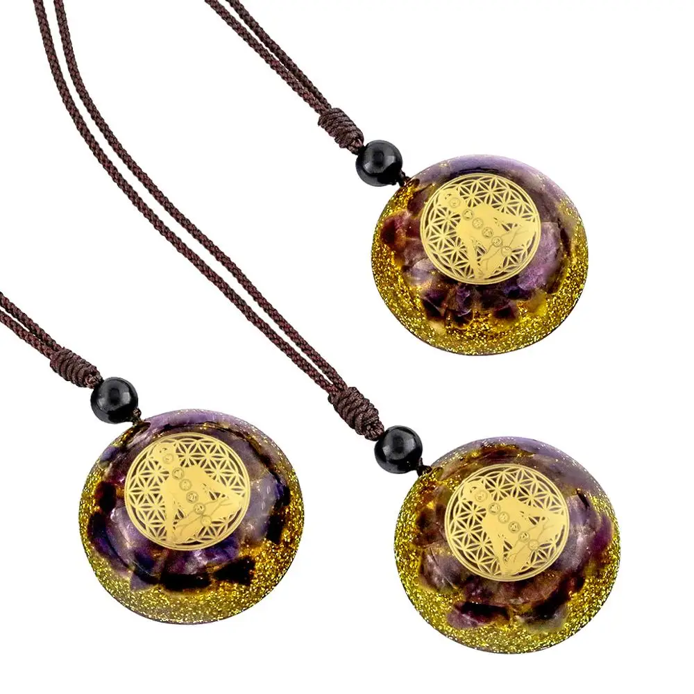 

TUMBEELLUWA Purple Crystal Chips Stone Pendant Necklace,Tree of Life Chakra Yoga Reiki Amulet Rope Jewelry for Unisex