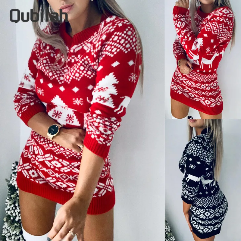 

Dresses Women Christmas Sweater Fashion Elf Funny Jumper Female Autumn Winter Tops Soft Hot Sale Female Dress Woman Clothes 2021