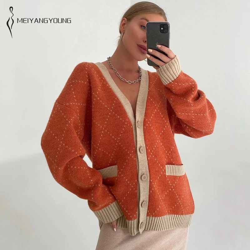 

MEIYANGYOUNG Knitted Cardigan Women Long Sleeve Casual V-neck Cashmere Argyle Sweater Jumper Oversized Female Pocket Jackect Top