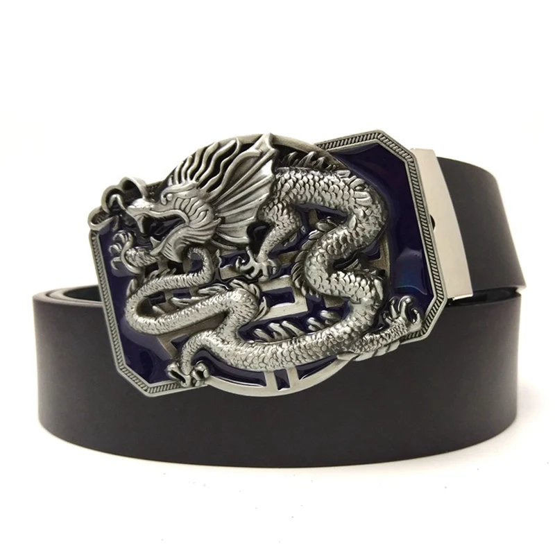 3.8cm Width Black PU Leather Casual Men Belts with 3D Chinese Asian Dragon Metal Big Buckles Western Cowboy Fashion Accessories