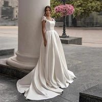 gorgeous satin weddding dresses 2021 simple scoop neck cap sleeves flowers a line pockets bridal gowns vestidos de noiva