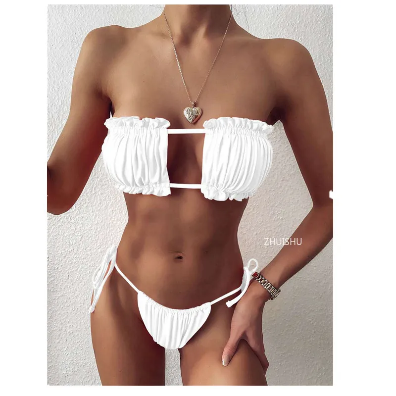 

Sexy Bikini 2021 Pleated Bandeau Swimsuit Female Swimwear Women Mini Thong Bikini Set Bather Swimming Beachwear for Bathing Suit