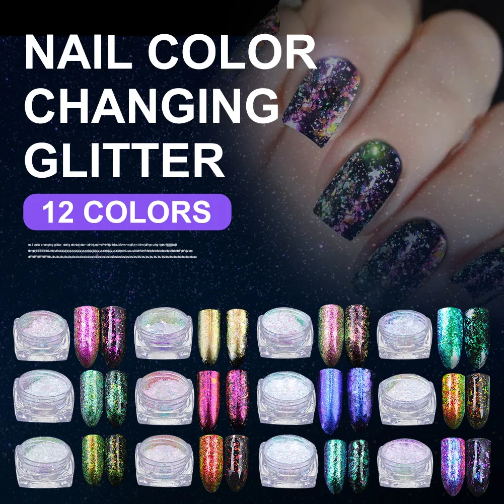 

12 Colors Nail Color Changing Mirror Powder Chameleon Glitter Nail Art Glitter Sequins Manicure Chrome Flakes Nail Art DIY