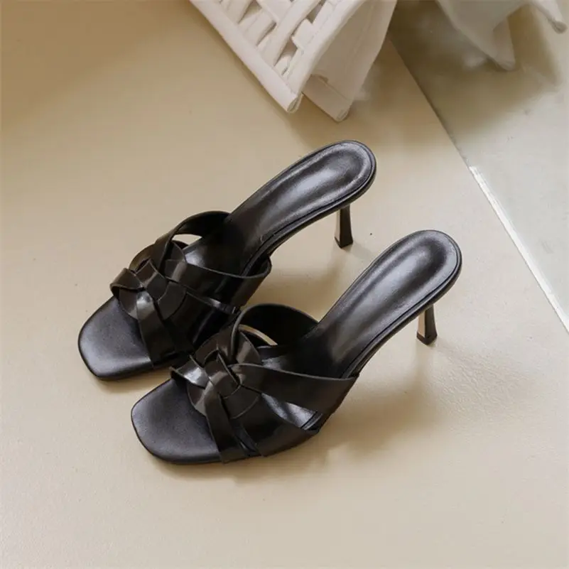 

Meotina Women Sandals Genuine Leather Shoes Thin High Heels Square Toe Slides Narrow Band Slippers Summer Ladies Footwear Yellow